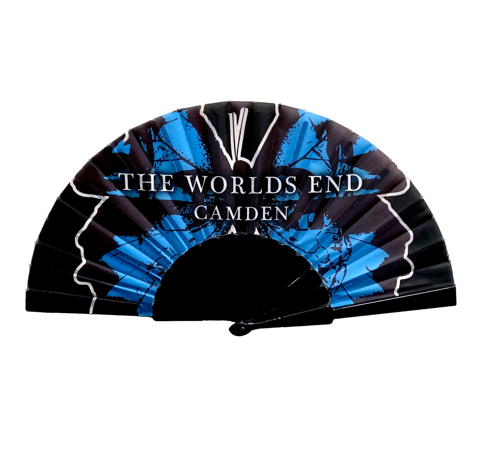 Black and blue hand fan with 'The Worlds End Camden' text on a white background