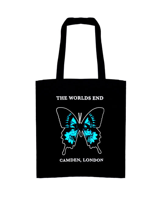 Black tote bag with a butterfly logo. 
