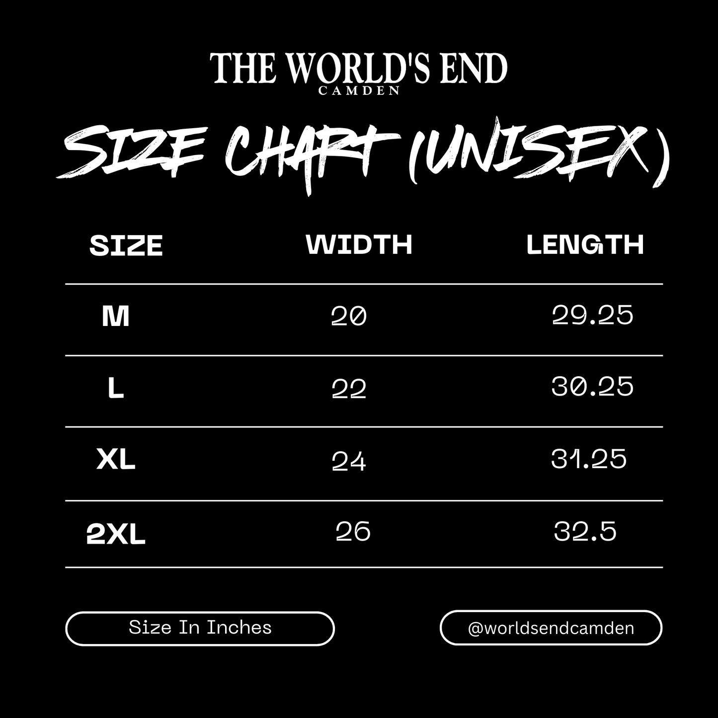 Size chart for unisex clothing with measurements in inches on a black background.