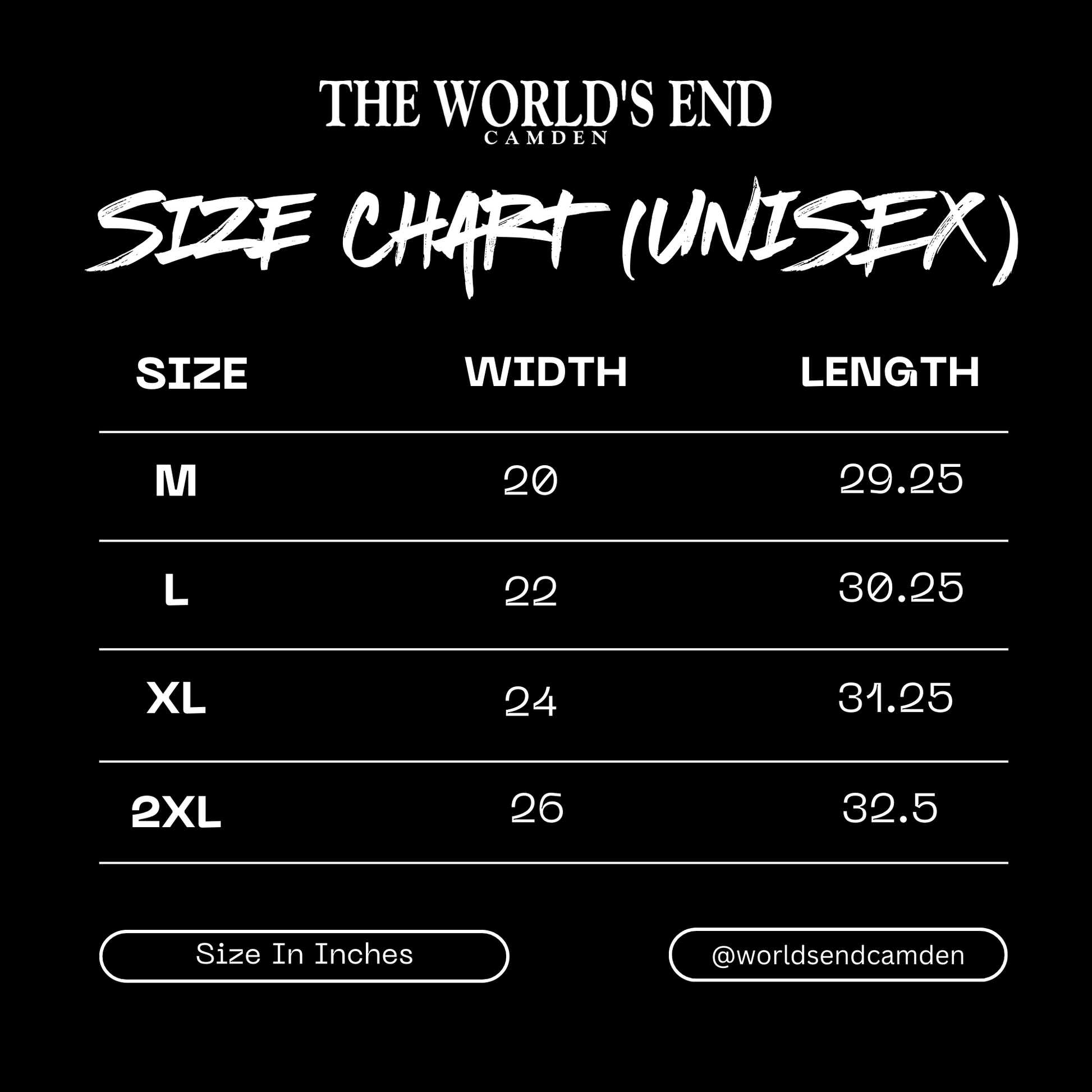 Size chart for unisex clothing with measurements in inches on a black background.