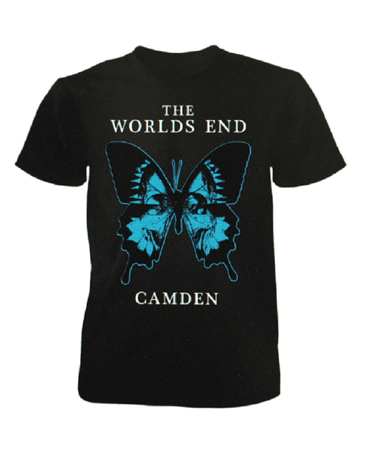 Black t-shirt with 'The Worlds End Camden' text and a butterfly graphic design in blue.